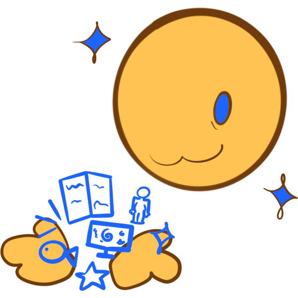 a person holding various blue objects (book, tv, humanoid figure, star, sparkle, and fish), looking happy